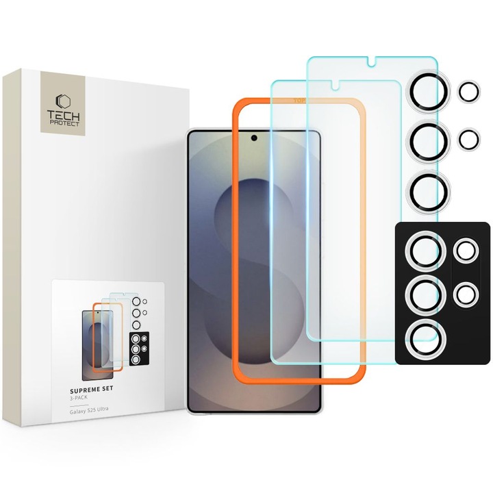 Üvegfólia Samsung Galaxy S25 Ultra kompatibilis - TECH-PROTECT Supreme - 2 db üvegfólia + 1db fekete keretes kamera védőkeret