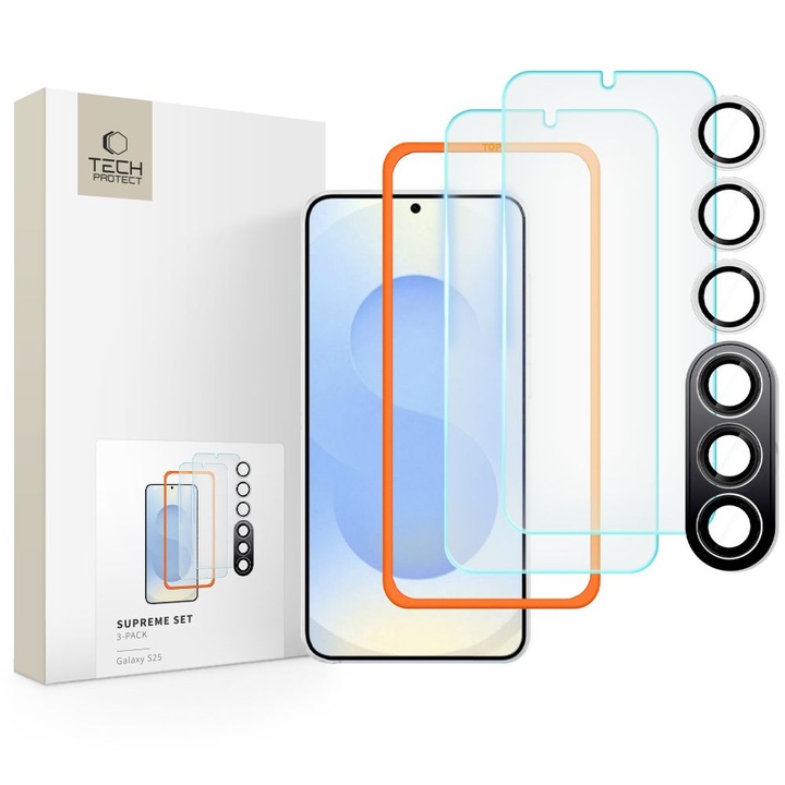 Üvegfólia Samsung Galaxy S25+ (S25 Plus) kompatibilis - TECH-PROTECT Supreme - 2 db üvegfólia + 1db fekete keretes kamera védőkeret