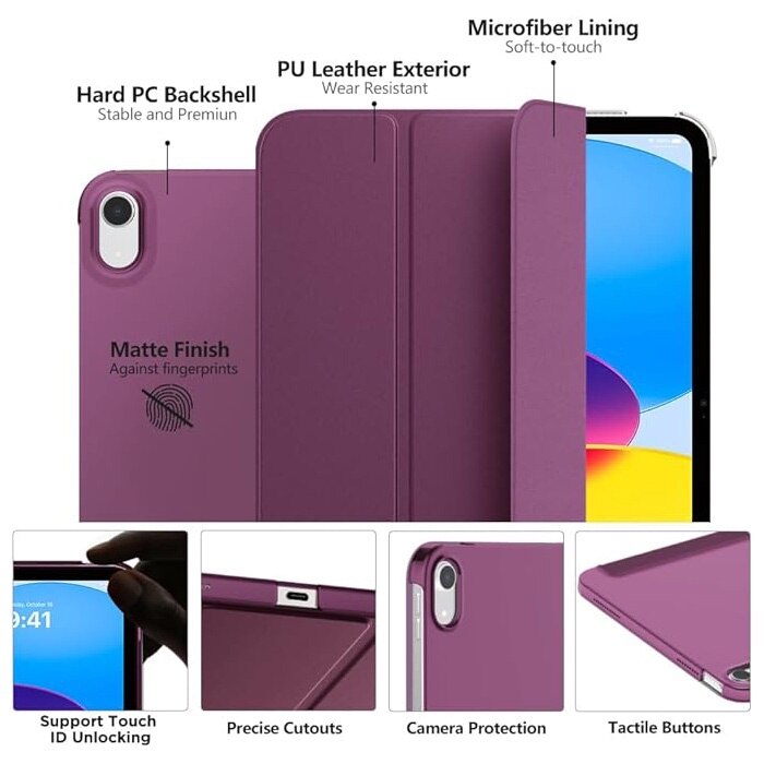 Husa Protectie Flip pentru iPad 10 2022/2024, iPad 11 2025, Model Carte, Pliabila pentru Suport, Mov Strugure