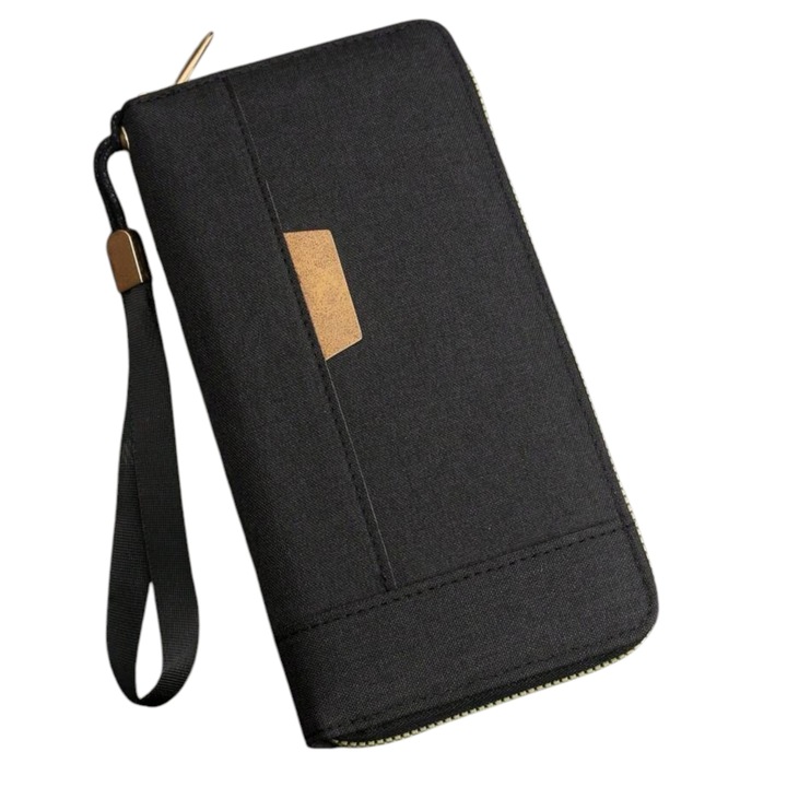 Portofel de afaceri minimalist din material, Unisex, Bifold cu Fermuar, - Negru