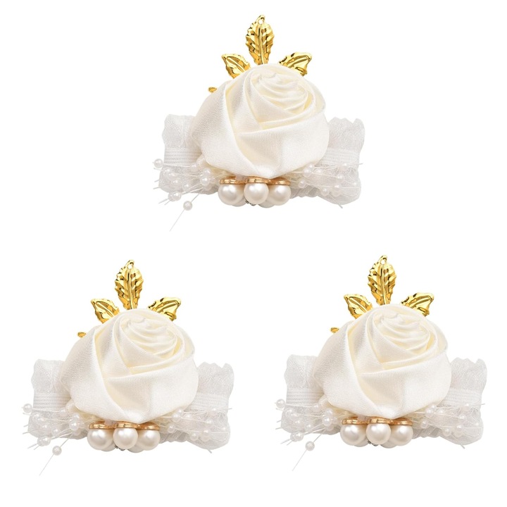 Set 3 bratari corsaj domnisoara de onoare KERNOWSUN, alb, cu trandafir alb si perle decorative