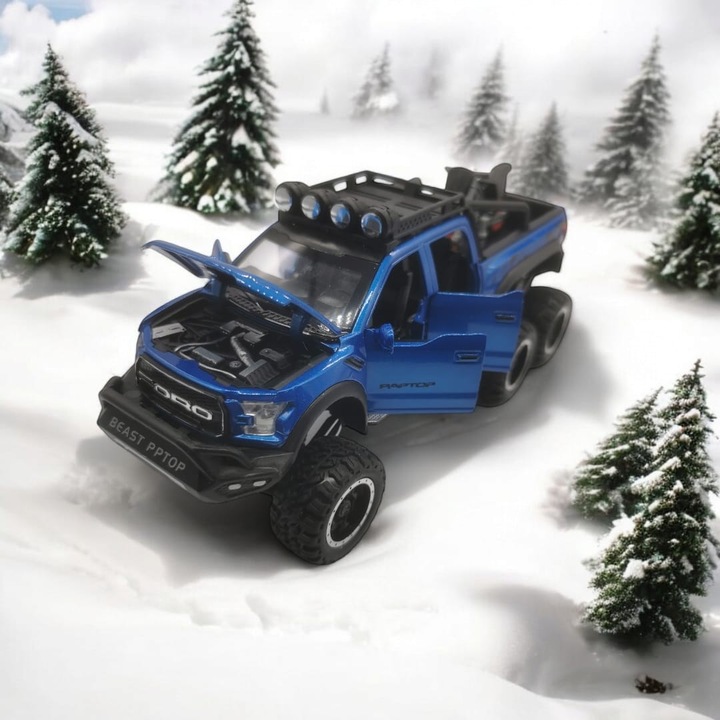 Fém modell Ford F-150 Raptor teherautó, amelyet Hennessey VelociRaptor tuningolt 6x6, 1:28 méretarány, Kék, motorkerékpárral az ágyban, Fények, Hangok, Visszahúzás, Felfüggesztések, minden ajtó, motorháztető és csomagtérajtó nyitva, 22 cm, VisionXXI