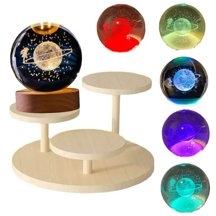 Lampa de Veghe, Glob de Cristal, 3D, Baza din Lemn, lumina schimbatoare de culoare, Cablu de Incarcare USB, Plimbare sub stele
