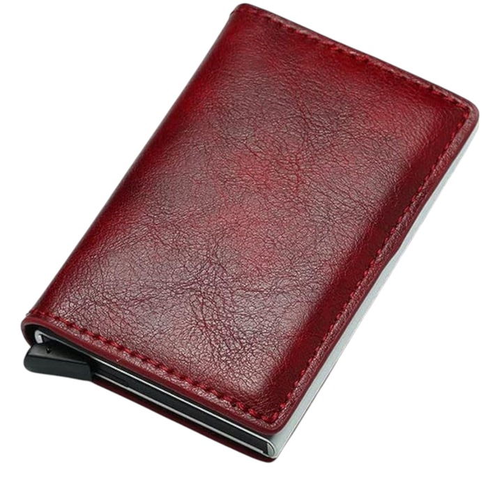 Портфейл за карти Trifold, алуминиева сплав и PU кожа, с RFID блокиране, червен