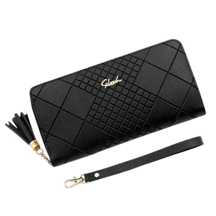 Дамски портфейл с десен, тип портмоне, изработен от PU кожа, голям капацитет, поставка за карти и монети, черен