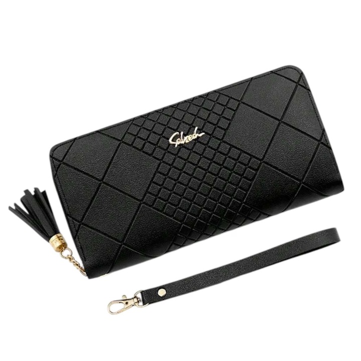 Portofel Dama cu model, Tip Poseta, din piele PU, Capacitate Mare, suport carduri si monede, Negru