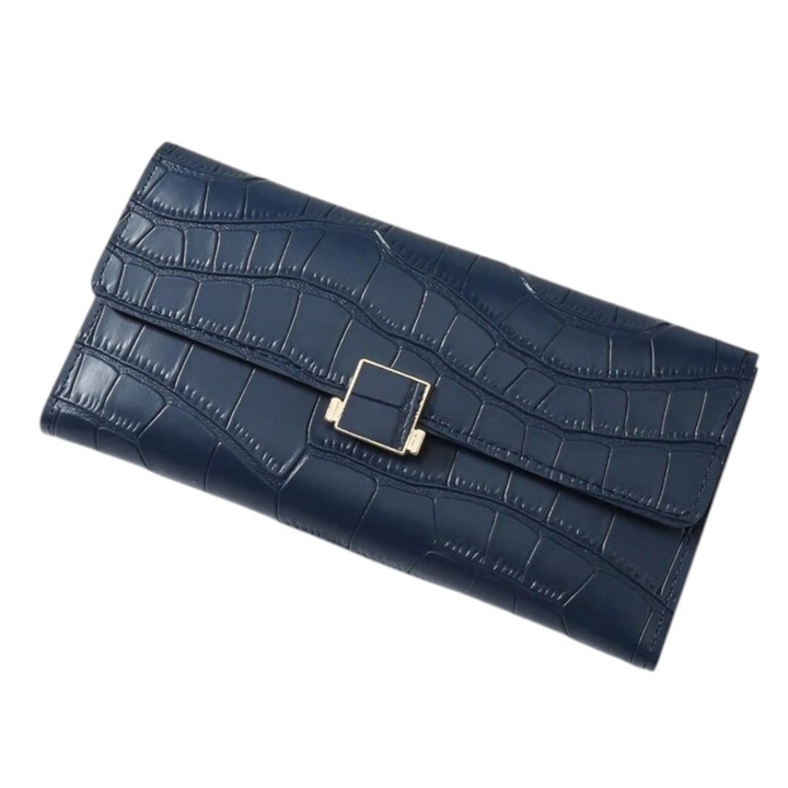 Portofel lung trifold pentru femei, design crocodil in relief, piele PU, - Abastru