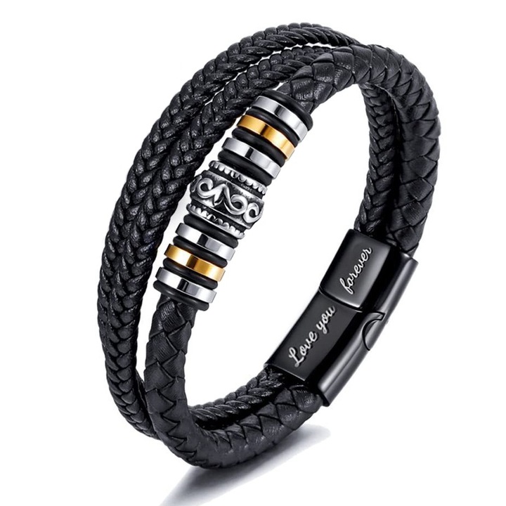 Bratara Barbateasca, Danati™, din Piele, 3 siraguri, cu 7 inele metalice, Negru si Argintiu-Auriu, Fixa, Circumferinta, Negru lucios, 21 CM
