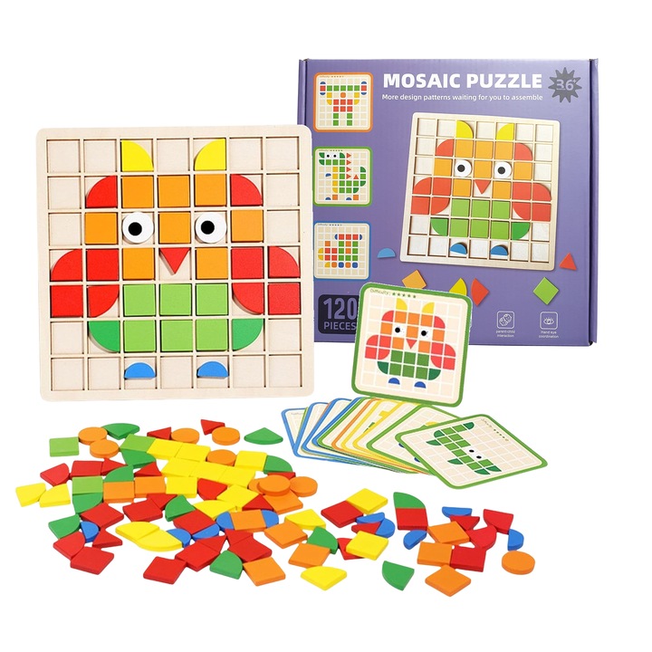 Joc educativ mozaic din lemn Mosaic puzzle, 120 piese si 20 carduri, + 3 ani