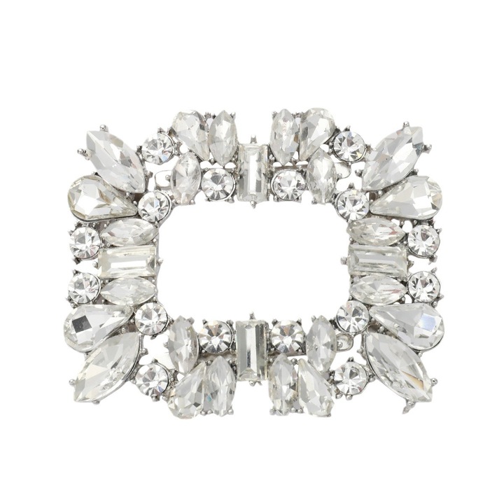 Clipuri pentru pantofi cu cristale, set 2 bucati, argintii, 6.3x4.6 cm