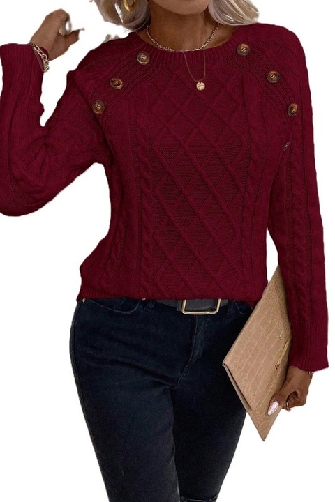 Pulover Dama, Tricotat, Cu Nasturi Si Maneci Raglan, Visiniu