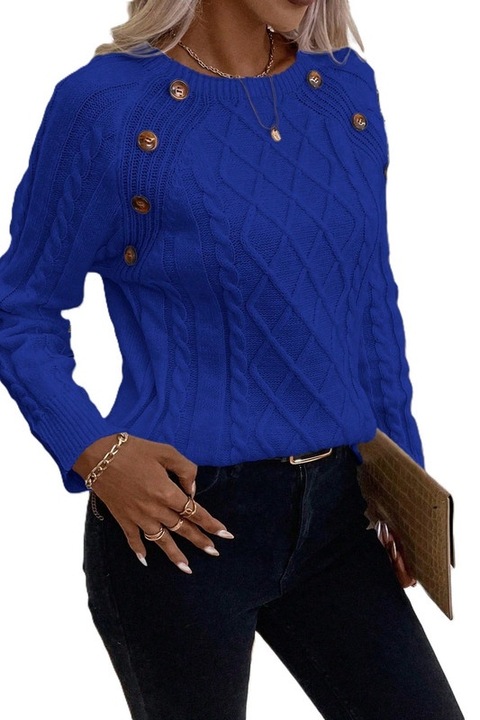 Pulover Dama, Tricotat, Cu Nasturi Si Maneci Raglan, Albastru