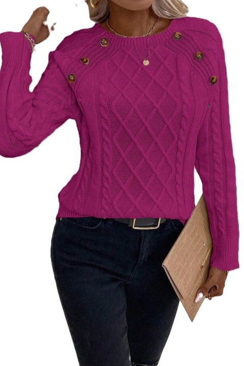 Pulover Dama, Tricotat, Cu Nasturi Si Maneci Raglan, Roz