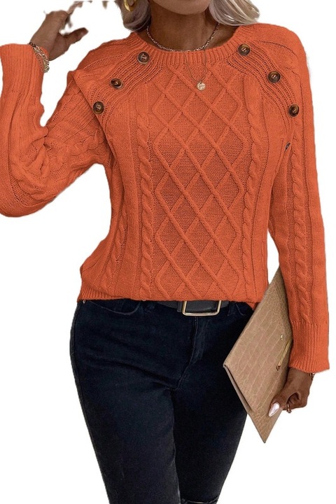 Pulover Dama, Tricotat, Cu Nasturi Si Maneci Raglan, Portocaliu
