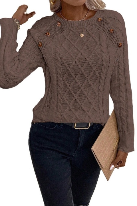 Pulover Dama, Tricotat, Cu Nasturi Si Maneci Raglan, Maro