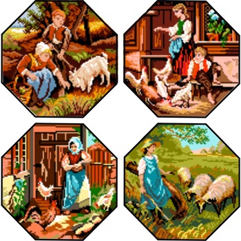 Viata la tara - set 4 kit-uri goblen cu panza imprimata Viata la tara - set 4 kit-uri goblen cu panza imprimata