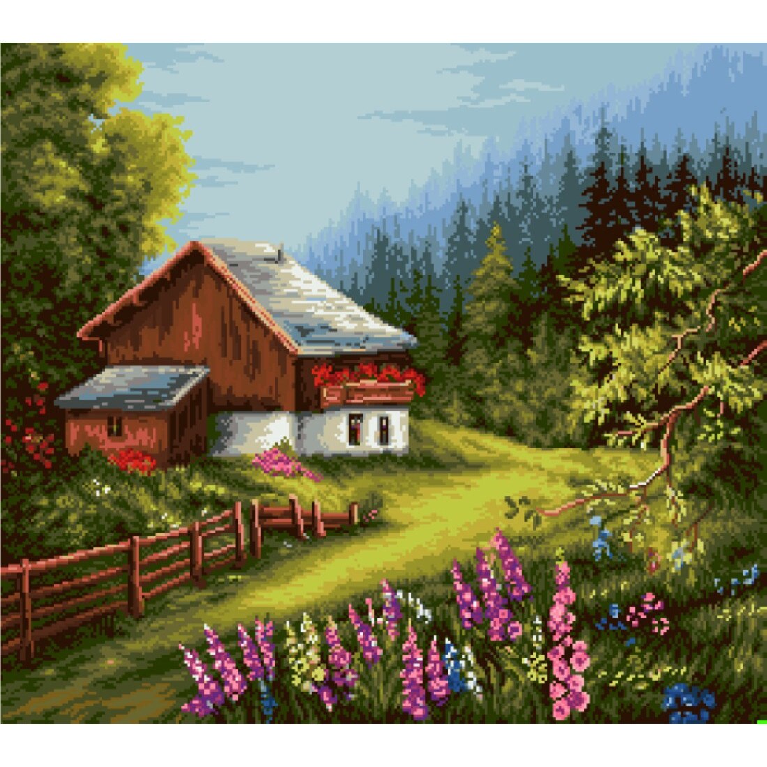 Dimineata in munti - kit goblen cu diagrama color