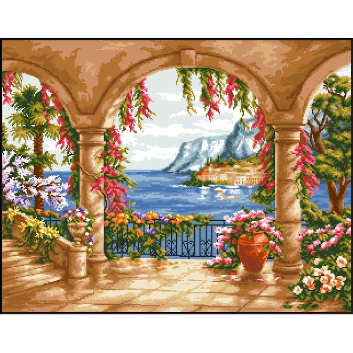 Terasa, dimineata - kit goblen cu panza imprimata