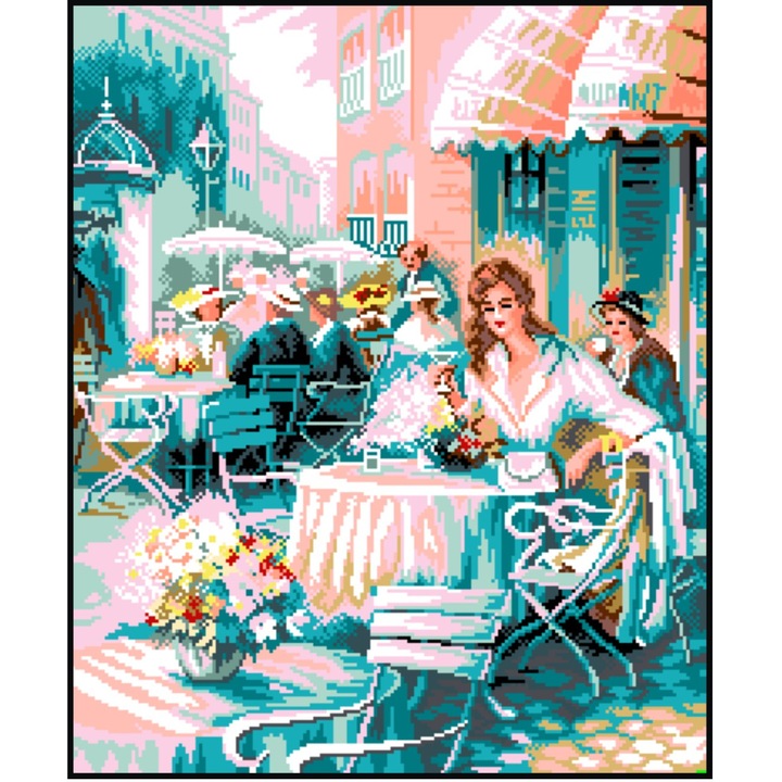 Strada cafenelelor - kit goblen cu diagrama alb-negru