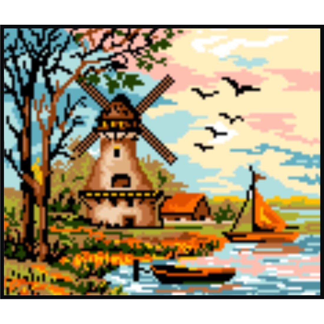 Moara de vant - kit goblen cu diagrama alb-negru