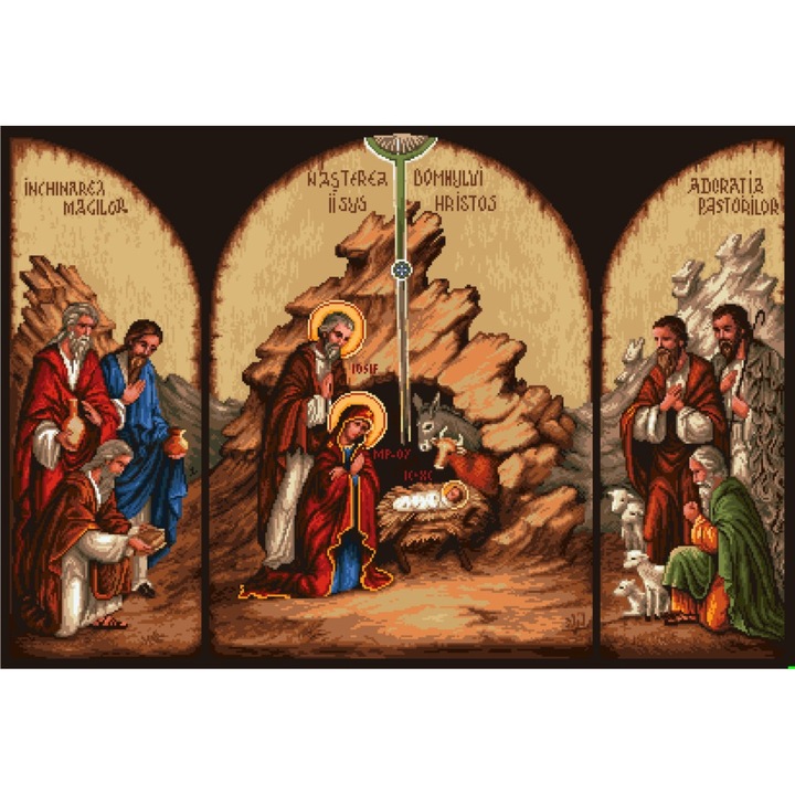 Slavirea Pruncului triptic - kit goblen cu diagrama alb-negru