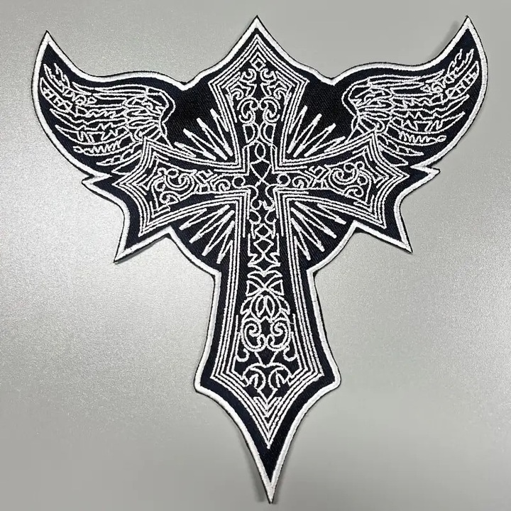 Petic Brodat cu Crucifix in Stil Punk, Aplica Decorativa cu Spate Adhesiv, pentru Geaca Motociclist, Negru si Alb