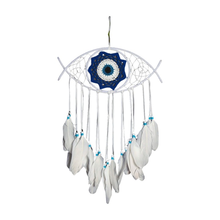 Decoratiune perete, Macrame, Captator de vise, model neregulat, 36x38cm, albastru-alb