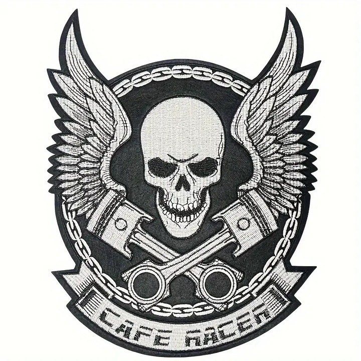 Petic Brodat cu Craniu si pistoane in Stil Punk, Aplica Decorativa cu Spate Adhesiv, pentru Geaca Motociclist, Negru si Alb