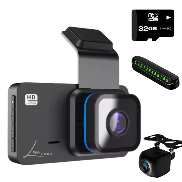Камера на таблото на автомобила, Louluna и 32 GB карта с памет, WiFi, GPS, Full HD 4K, 1080 P, Android, IOS, ъгъл 170°, LCD екран, G-сензор, Нощно виждане, Сензор за движение, Поддръжка №. по телефона, Блек