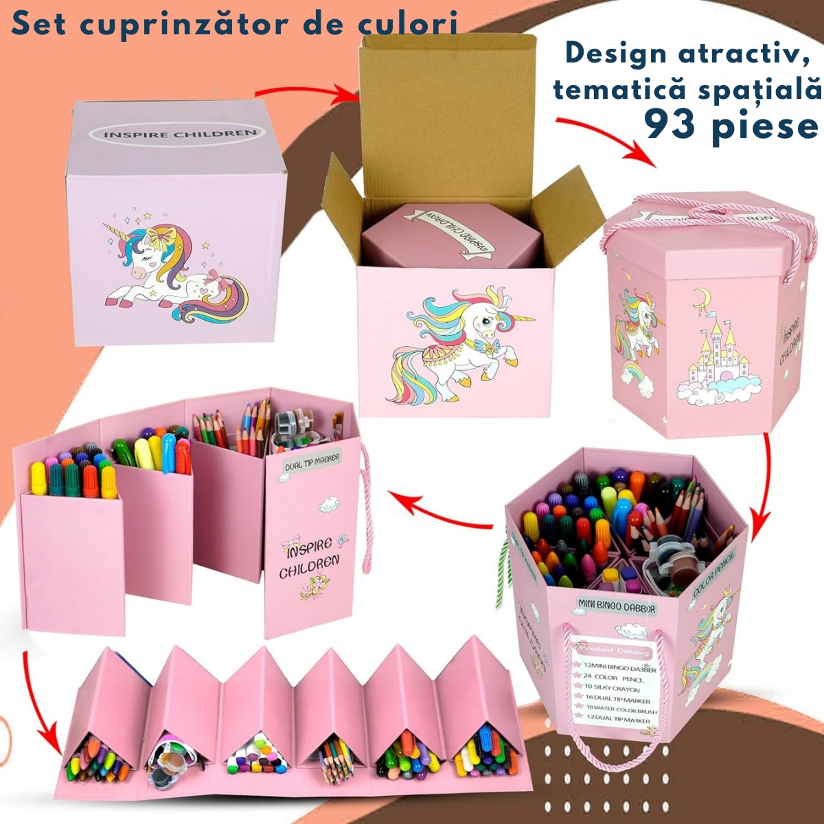 Set Creativ cu 93 de creioane colorate, carioci, markere, creta ...