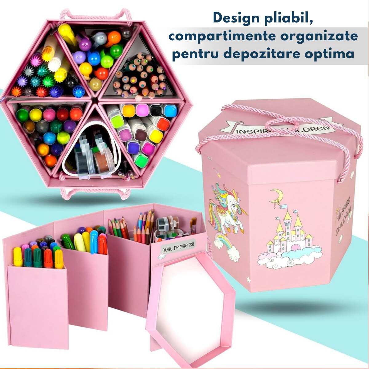 Set Creativ cu 93 de creioane colorate, carioci, markere, creta ...
