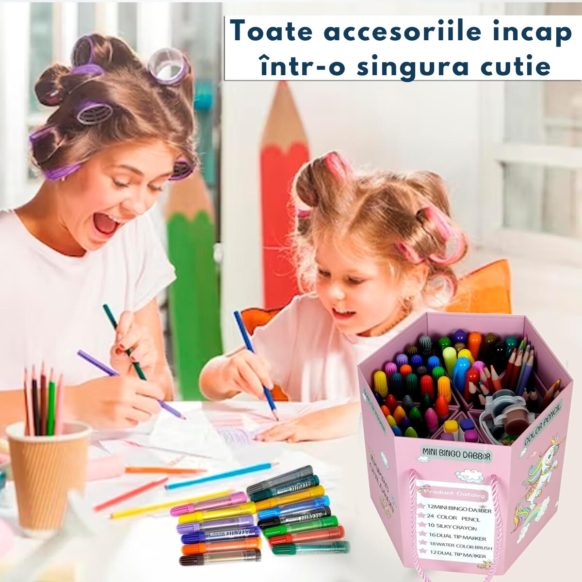 Set Creativ cu 93 de creioane colorate, carioci, markere, creta ...