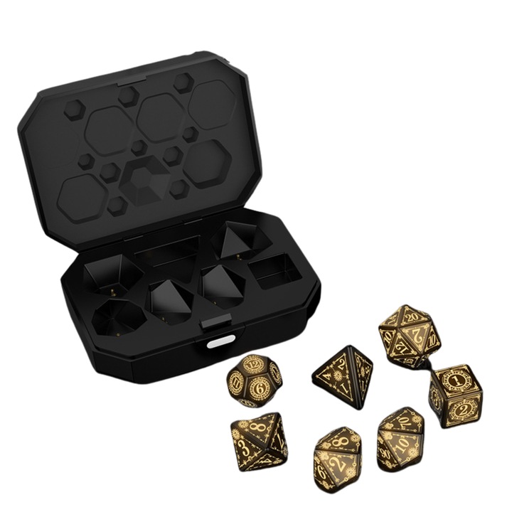 Innovium™ világító LED kockakészlet, 7 poliéderes DND újratölthető kockakészlet, USB töltődobozzal, LED borostyán lámpákkal, szerepjátékos kocka Dungeon & Dragons játékokhoz, 11 × 9,50 × 4 CM, 200 gramm, borostyán