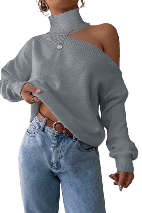 Pulover Dama, Cu Guler Inalt, Decupaj Asimetric Si Maneci Cazute, Gri