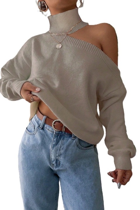 Pulover Dama, Cu Guler Inalt, Decupaj Asimetric Si Maneci Cazute, Bej