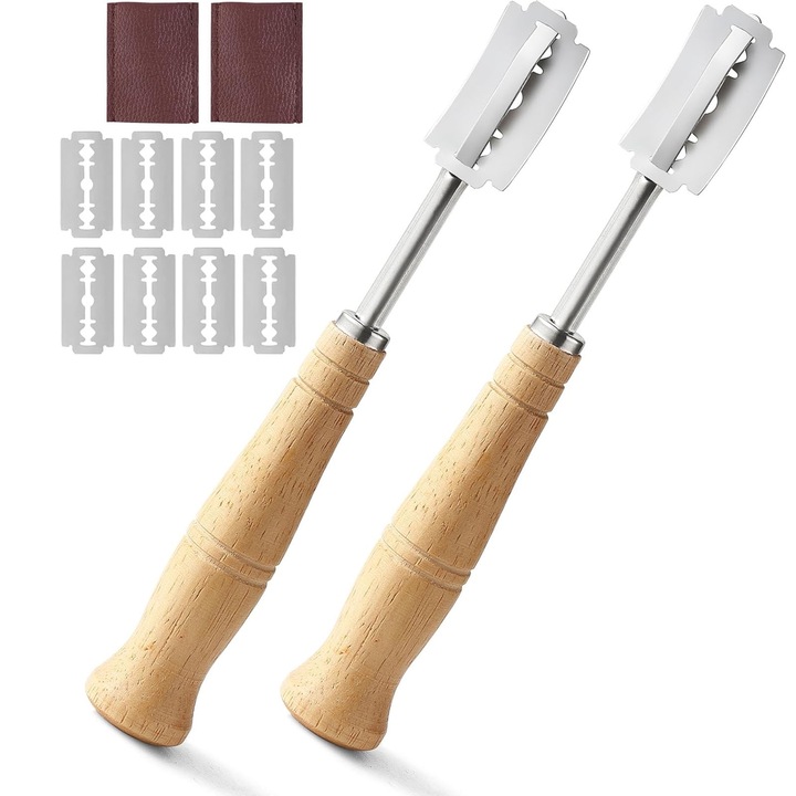 Cutit paine patiserie, SINBINTA, Set 2 razatoare pentru aluat, Cu maner de lemn si capac de protectie, Set 4+1 lame, Pentru crestat aluat si foietaj produse fainoase si painea cu maia, Otel inoxidabil/Lemn, 19 * 2.4cm, Maro
