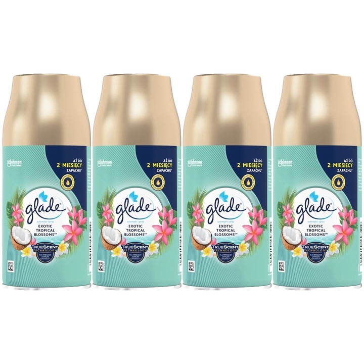 Set 4 x Glade Odorizant Camera Rezerve 269ml Exotic Tropical Blossoms, fresh aroma, parfum floral, persistenta indelungata, testat dermatologic, design elegant, ingrediente naturale, prietenos cu mediul, eficacitate maxima, elimina mirosuri neplacute