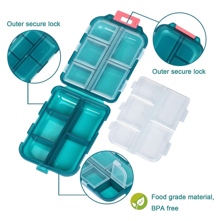 Organizator de pastile de calatorie, SINBINTA, Dozator mic cu 10 compartimente pentru medicamente, Cutie portabila pentru pastile, Usor de transportat, Durabil, Pentru munca si alte activitati in aer liber, Plastic, 9.5*6.5*3cm, Verde