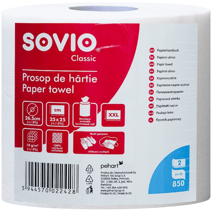Rola prosop hartie 2 straturi 850 foi derulare centrala, Sovio Classi