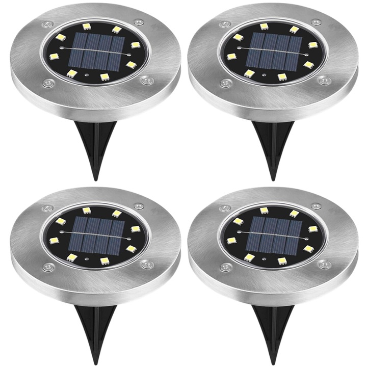 Set 4 lampi solare tip disc SDEPOT®, rezistente la apa, cu senzor de lumina, 8 leduri, lumina calda si suport pentru fixare in sol