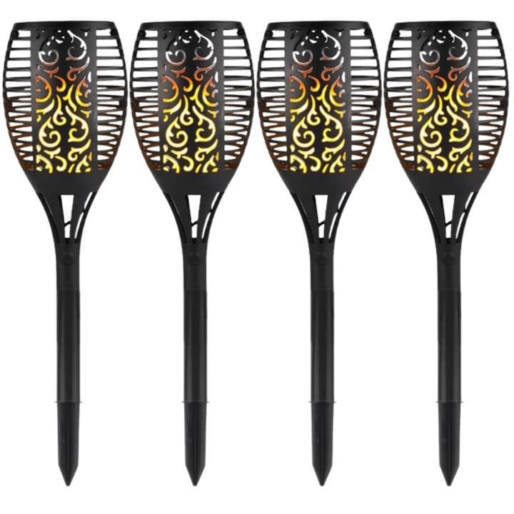 Set 4 lampi solare de exterior SDEPOT®, design tip torta decorativa, cu efect de flacara, senzor de lumina, rezistente la apa, negru