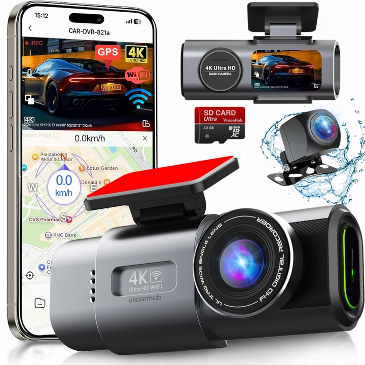 Двойна автомобилна камера VisionHub, 4k - 2160p Full HD, WIFI + GPS, Регулируем G-сензор, Приложение за телефон, Night Vision, Запис в цикъл, Широк ъгъл 170°, Гласови инструкции, IPS екран 2,0 инча, DVR с предна камера 4k + задна камера 1080p
