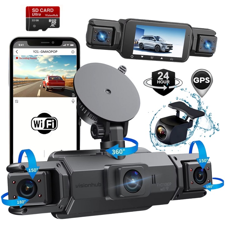 Автомобилна камера с 4 канала VisionHub, 360° - FHD 1080P, WIFI + GPS, 24-часов паркинг мониторинг, G-сензор, Приложение за телефон, Нощно виждане, Запис в цикъл, IPS екран 3 инча, DVR с предна + задна + лява + дясна камера, 32Gb карта