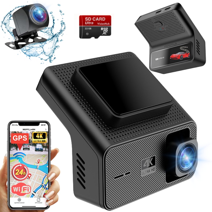 Двойна автомобилна камера VisionHub, 4K - 2160p Full HD, WIFI + GPS, 24-часов мониторинг на паркинг, G-сензор, Приложение за телефон, Нощно виждане, Запис в цикъл, Широк ъгъл от 170°, IPS екран 1, 47 инча, DVR с предна камера 4K + задна камера 1080p