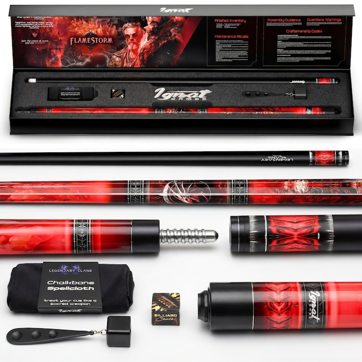 Tac pentru Biliard din 2 Piese, din Artar Canadian, Lungime 148 cm, Varf 12.5 mm, 21 oz, cu Cutie Premium si Accesorii pentru Intretinut Tacul, Flamestorm