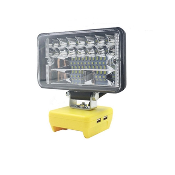 LED lámpa, Powerbank Dual USB, 4 hüvelykes, 5400 lumen, 34 LED, 110°-ban állítható szögű LED lámpa, 18 W, Dewalt Li-I 18-20V akkumulátoradapter, 14,5x8,8 cm, vészvilágítás, építkezés, kemping , Modern és Ergonomikus kialakítás, ABS+műanyag, sárga, SIPEDO