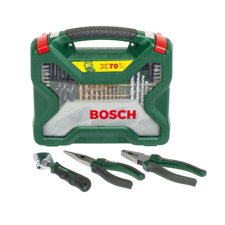 Set 73 accesorii X-Line Titanium, biti, chei tubulare, adaptor chei tubulare, burghie, clesti