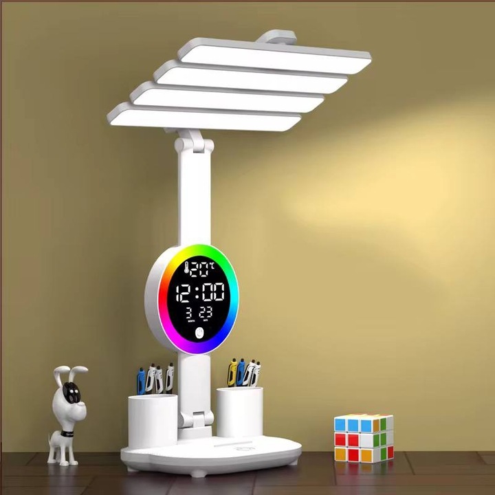 Lampa de birou Smartix LED flexibil 30-47 CM cu ceas, data si temperatura, 2 Organizatoare, Alb