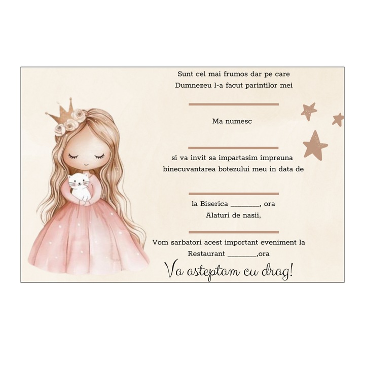 Invitații botez set 10 buc, 10x15cm, plic, carton, design clasic