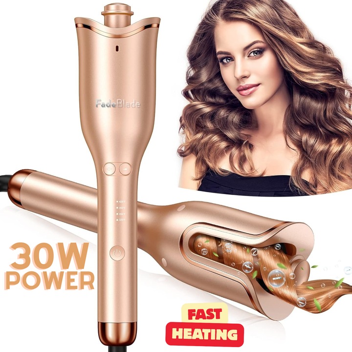 Ondulator Automat Par FadeBlade® CurlMaster Pro, Ceramic, 4 Setari Temperatura 160-220 Grade, Timer Pentru Bucle, Control Directie Rotire, Functie Incalzire Rapida, 40W, Gold